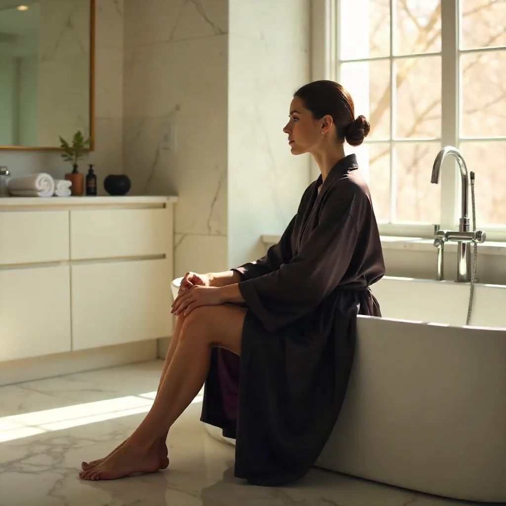 Silk-Robed Elegance in a Sunlit Bath