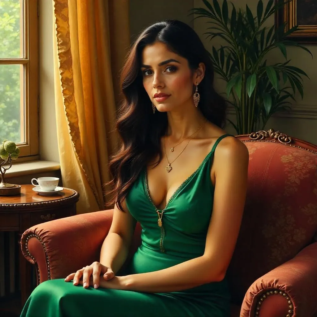 Oil Portrait: Beautiful Middle Eastern Woman at Home