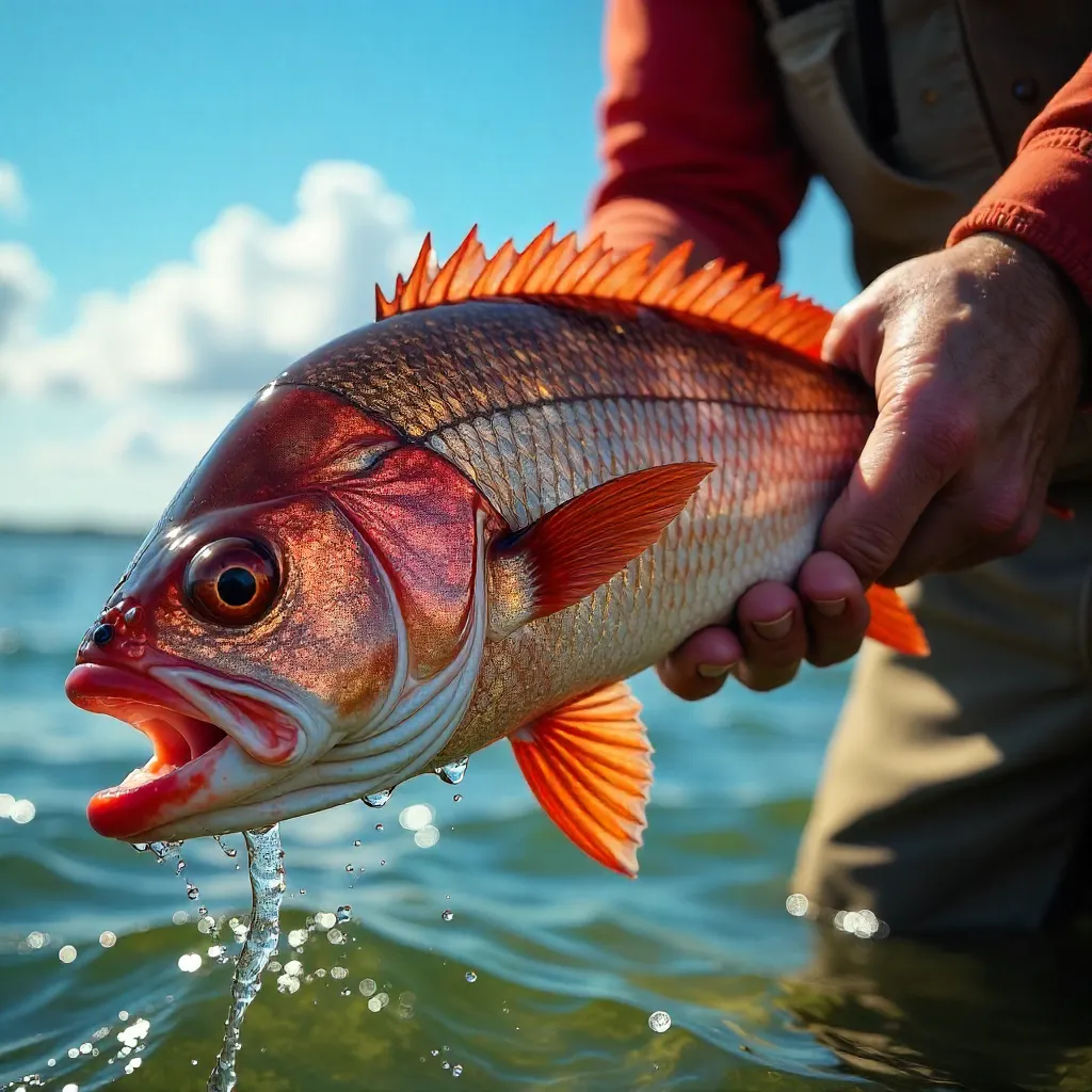 Close-up Red Drum Held by Angler on Sunny Day