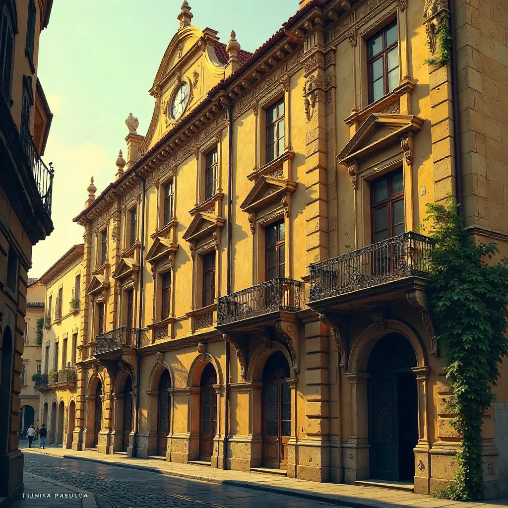 Historic European Facade with Ornate Details in Golden Hour