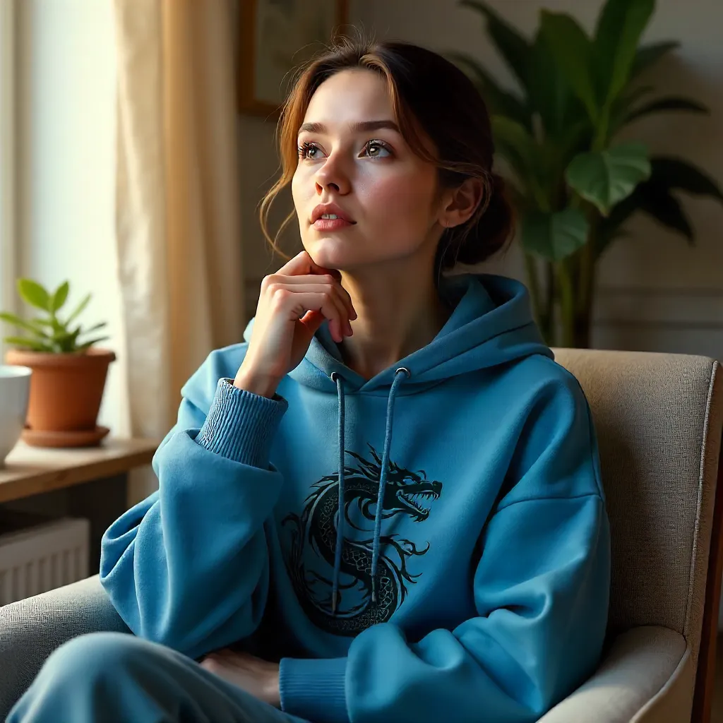 Thoughtful Woman in Blue Dragon Hoodie Indoors