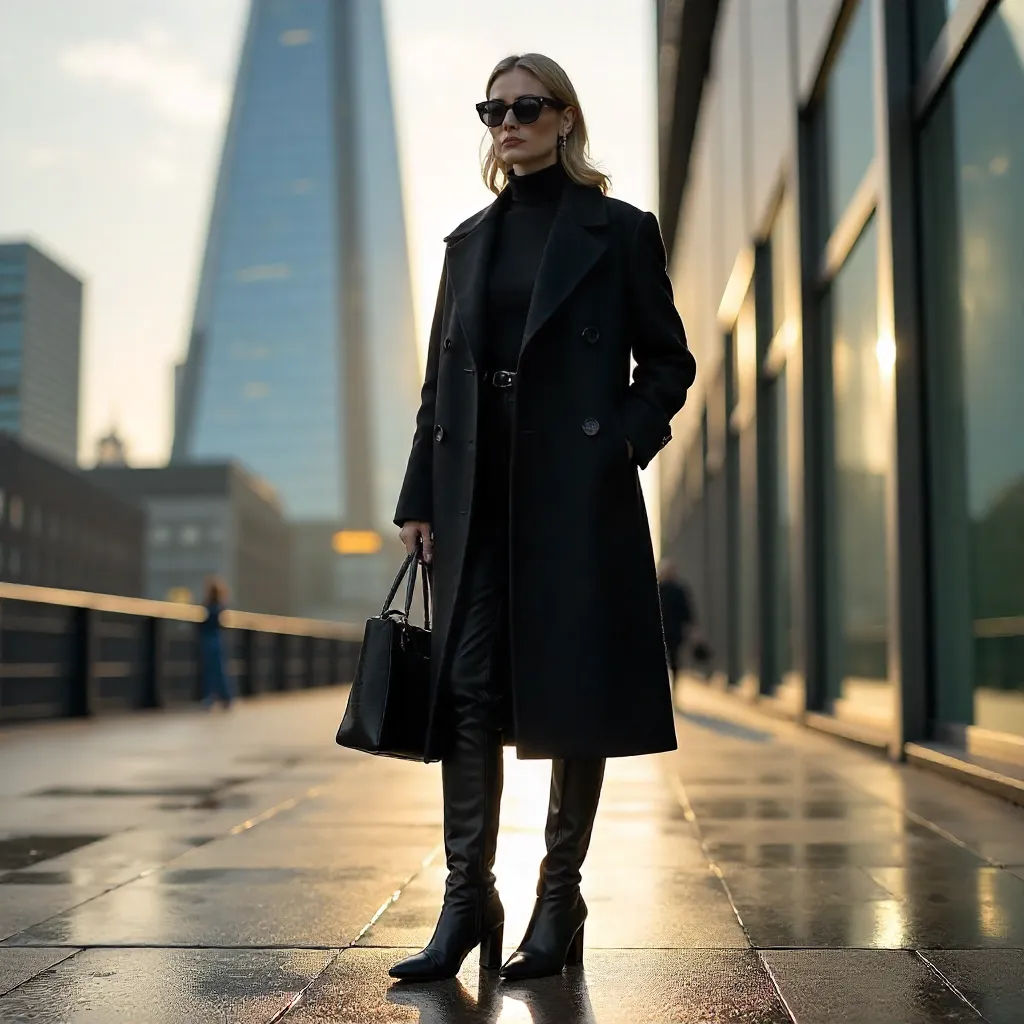 Confident Fashionable Figure in Front of Modern London Architecture