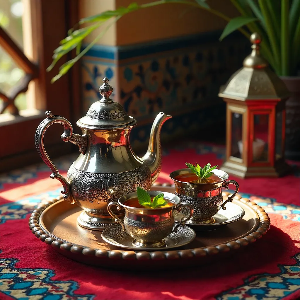 Authentic Fez Mint Tea Set on a Vibrant Red Rug