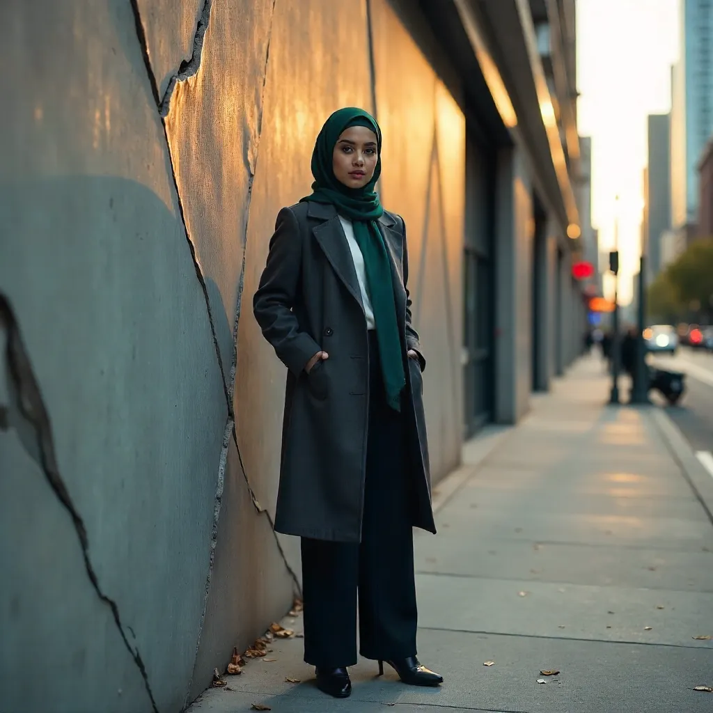 Stylish Hijab-Clad Woman Against Urban Textured Wall