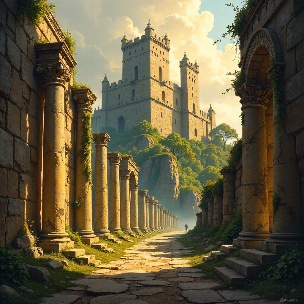 Castle Amid Ancient Temple Ruins — Oil Painting