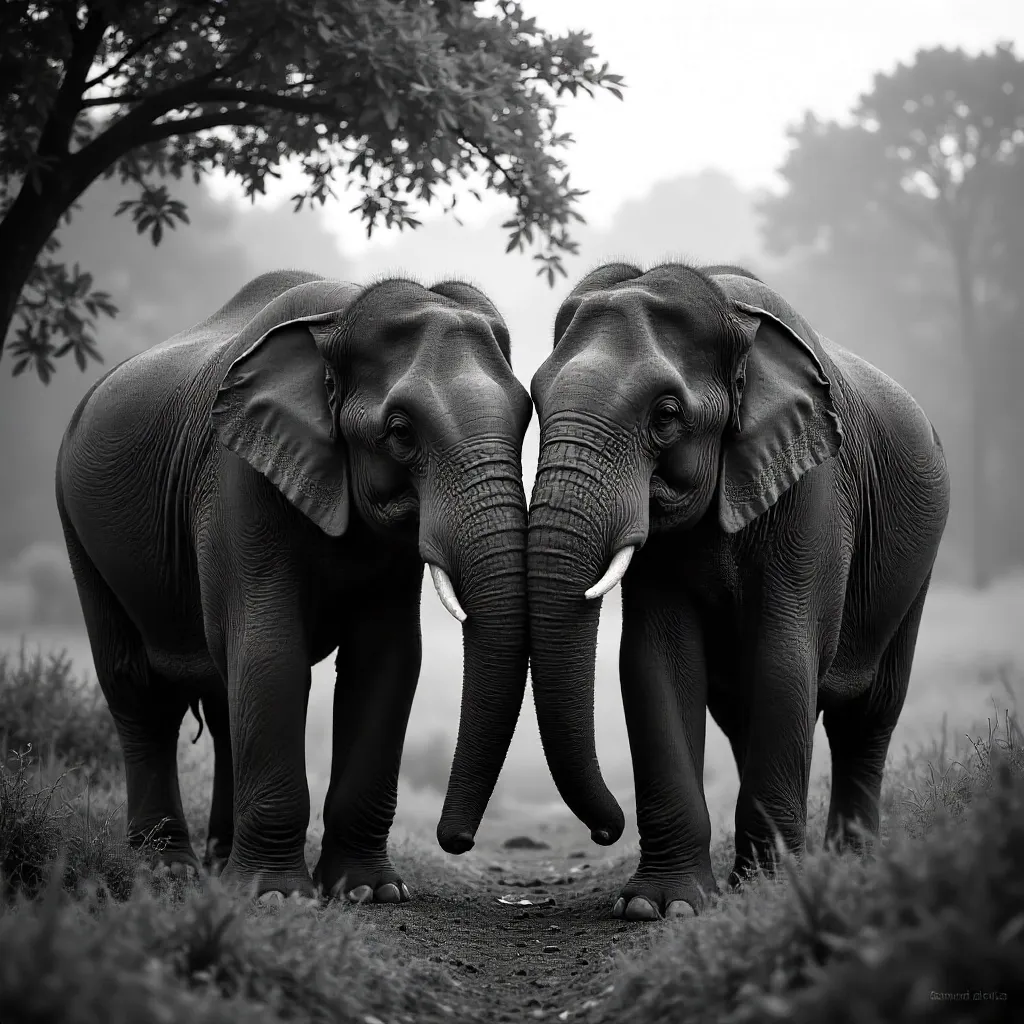 Intimate Monochrome: Two Asian Elephants Close Together