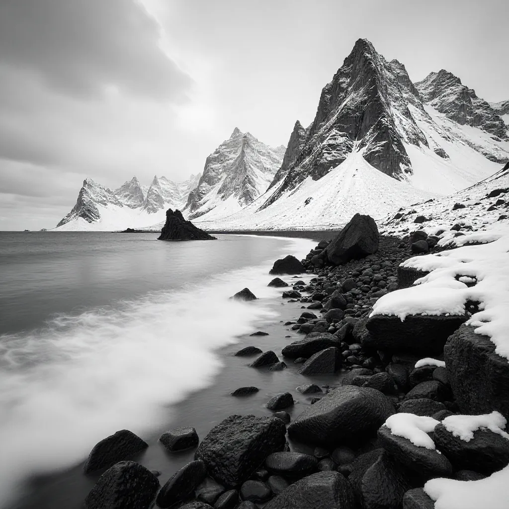 Monochrome Winter Peaks Over Rocky Seashore