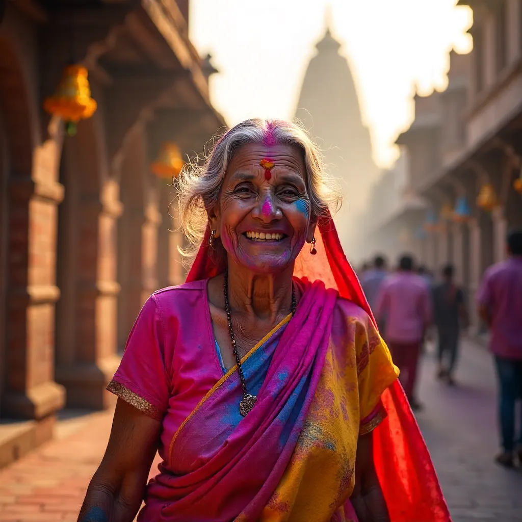 Joyful Elderly Woman Celebrates Holi in Vrindavan