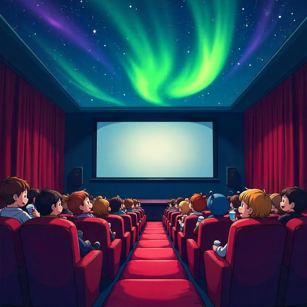 Cartoon Aurora in a Cozy Movie Theater