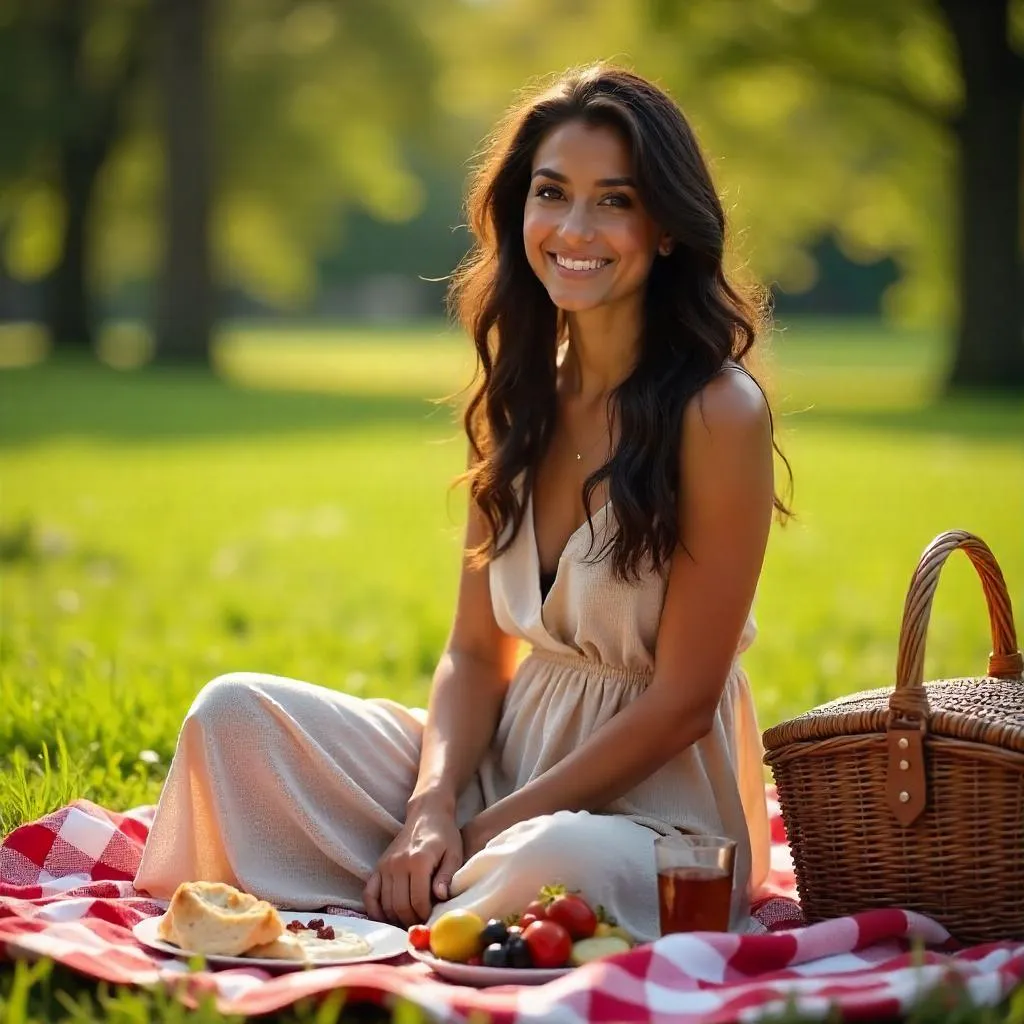 Golden Hour Picnic: A Young Middle Eastern Woman