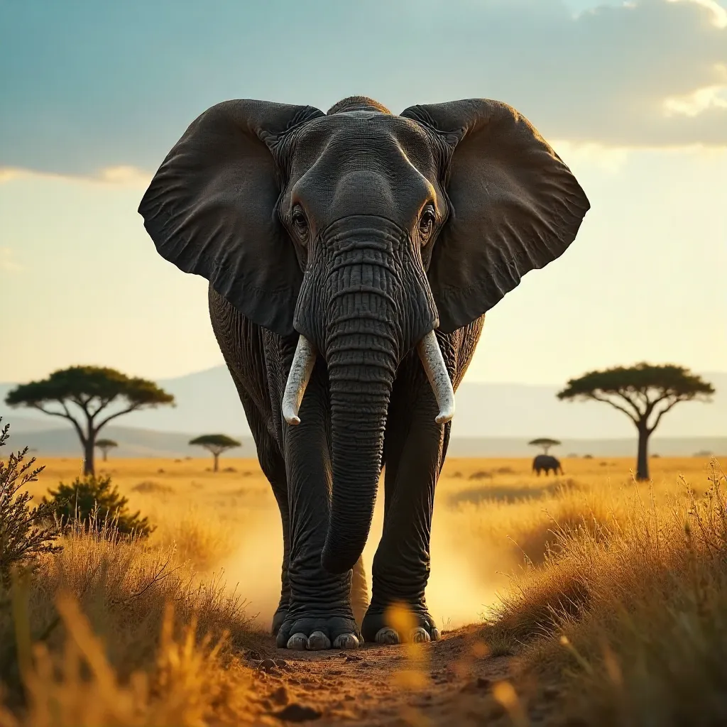 Frontal View: Majestic Elephant in Golden Savanna