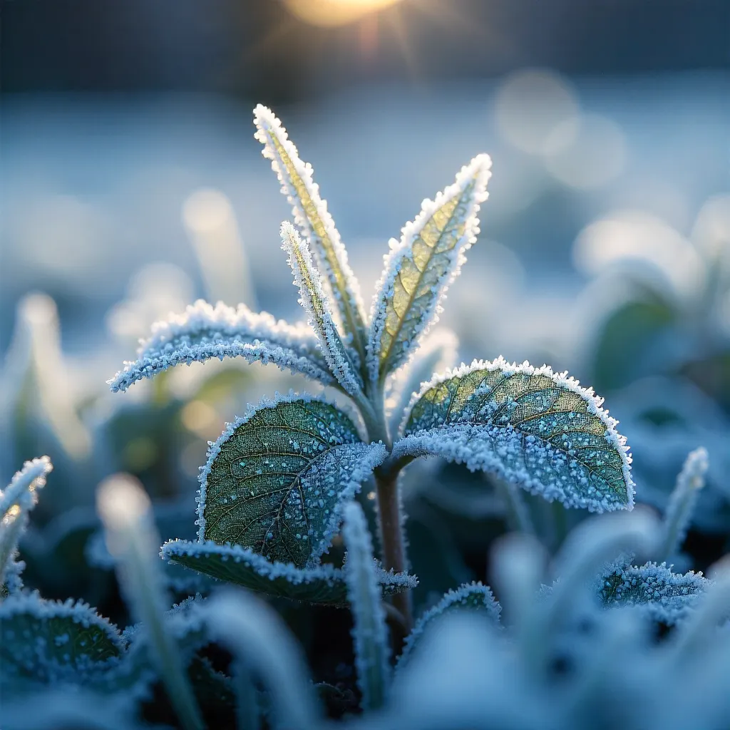 Close-Up Frost-Kissed Leaves and Grass in Winter Light