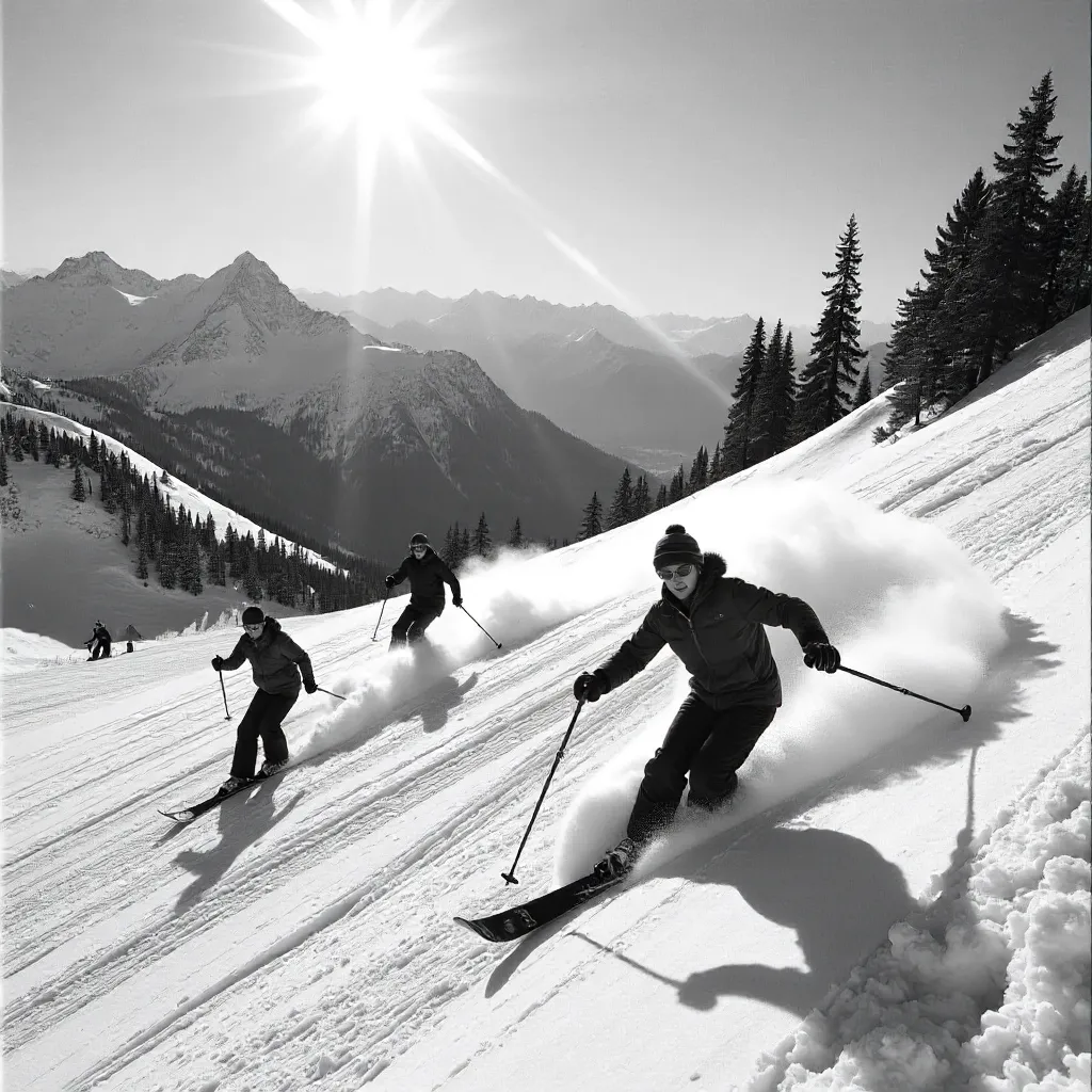 Sunlit Joy: Monochrome Skiers on a Snowy Alpine Slope