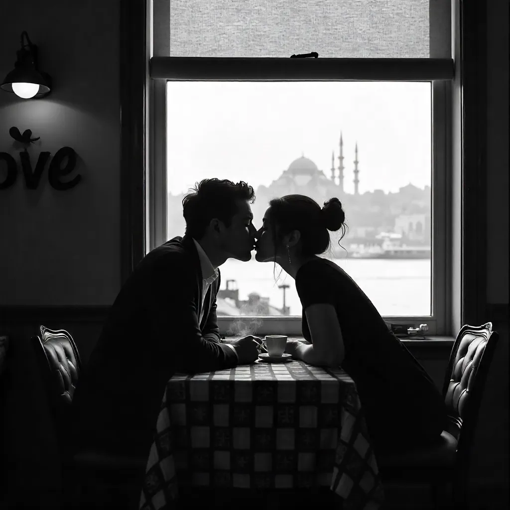Black and White Kiss Beneath the Love Sign in Istanbul