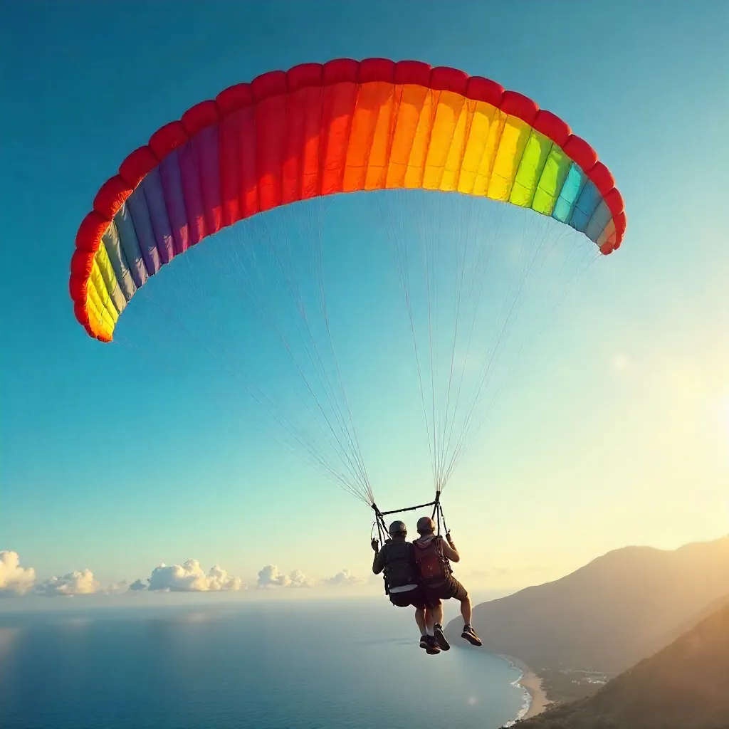 Colorful Tandem Paragliding Soars in Clear Blue Sky