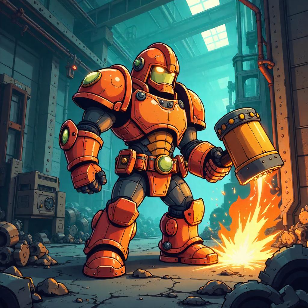 Cartoon Warrior in a Bustling Factory