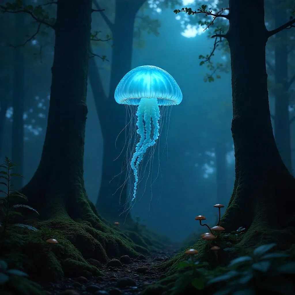 Photoreal Jellyfish Drifting in a Dark Forest
