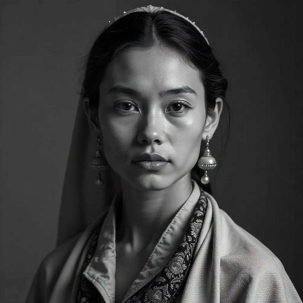 Serene Black-and-White Portrait in Traditional Attire