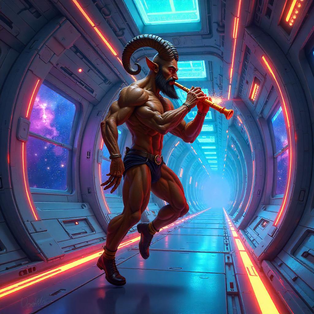 Satyr Aboard a Neon Space Station
