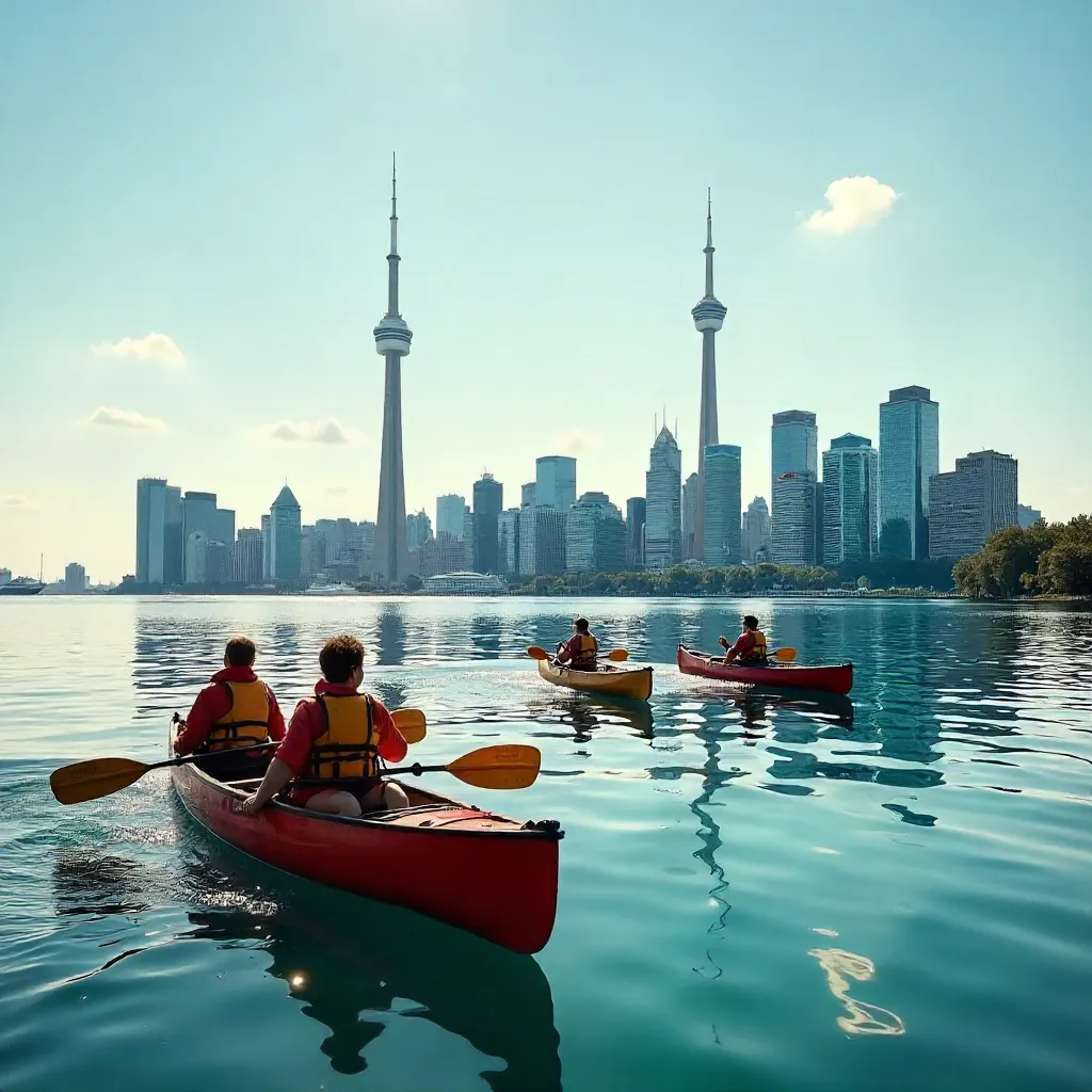 Daytime Canoeists Over Lake Ontario and Toronto Skyline