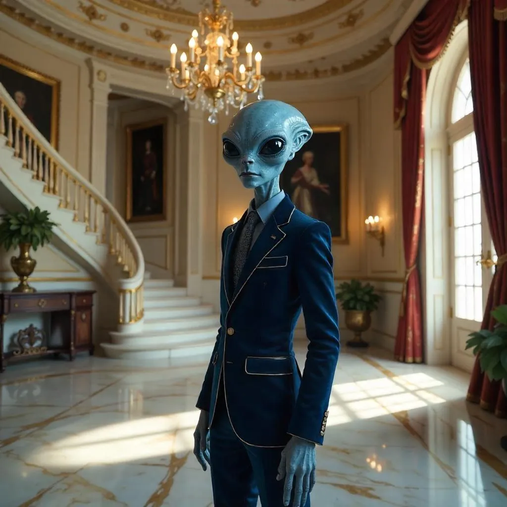 Photorealistic Alien in a Luxury Mansion Foyer