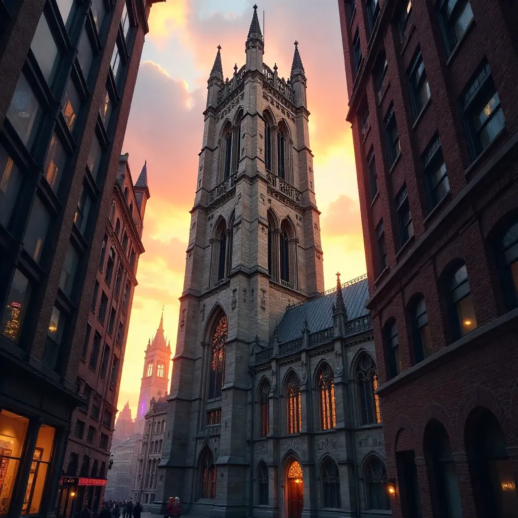 Sunset Gothic Tower Framed by Modern Cityscape