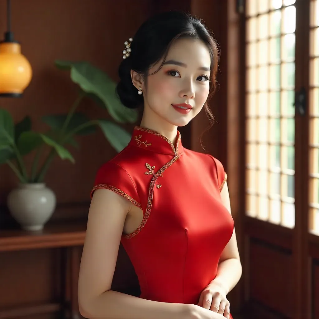 Elegant Portrait of an Asian Woman in a Red Cheongsam