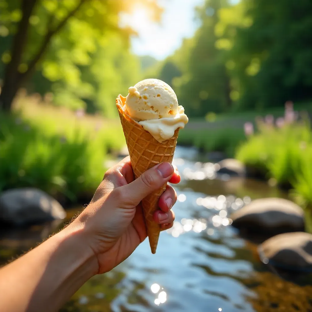 Hand with Ice Cream by a Sunny Stream