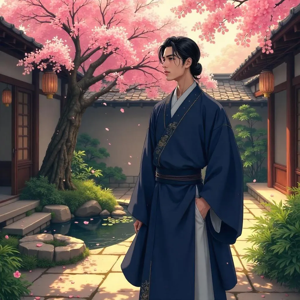 Elegant Asian Man in a Tranquil Anime Courtyard