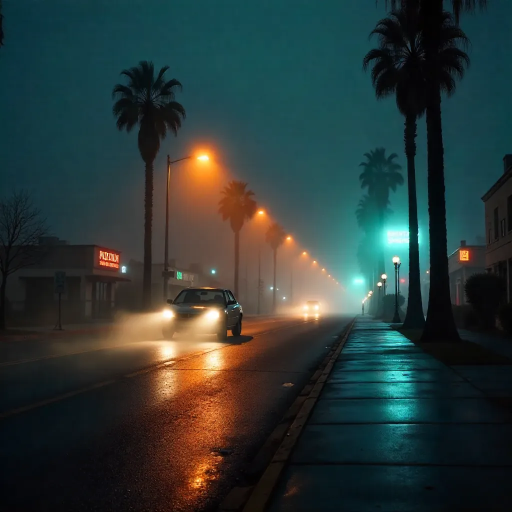 Foggy Los Angeles Night: Silhouettes & Streetlights