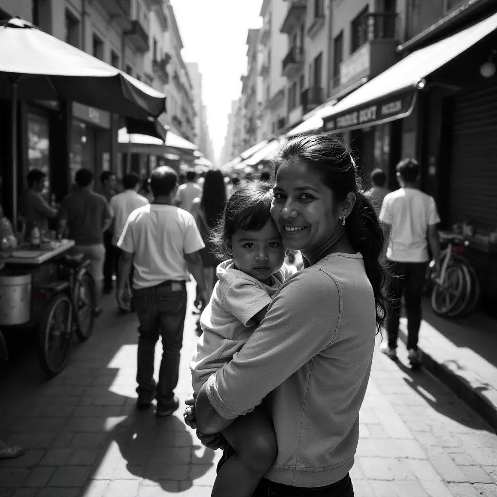 Monochrome Mother and Child Amid a Crowded Street