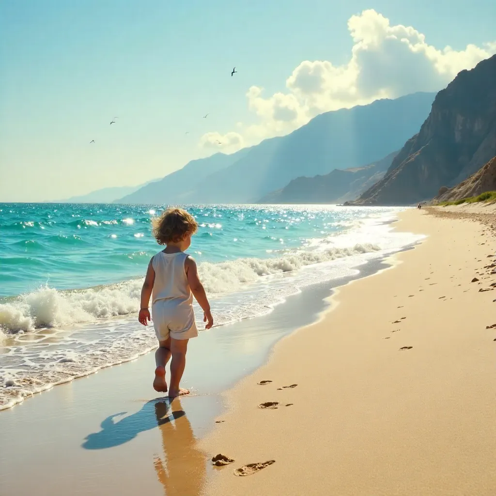 Child Walking Along Serene Beach with Mountain Backdrop