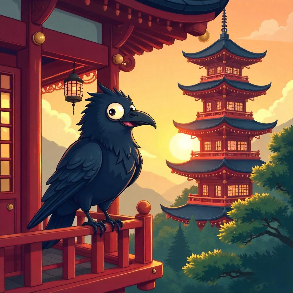 Whimsical Cartoon Raven in a Japanese Pagoda