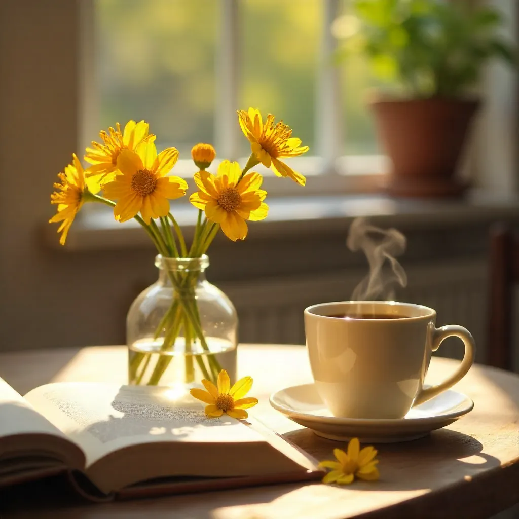 Cozy Morning Still Life with Mimosa, Book, and Coffee