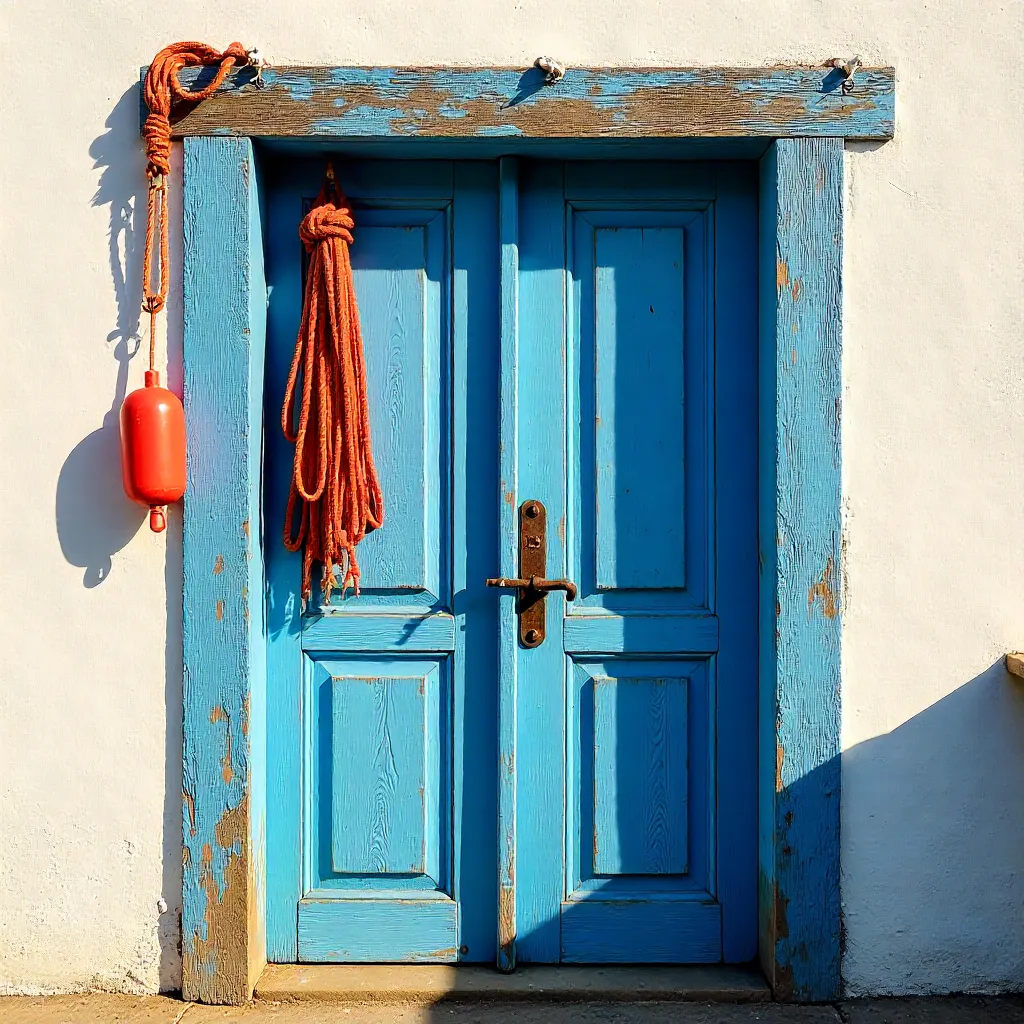 Weathered Blue Door with Nautical Ropes and Buoys
