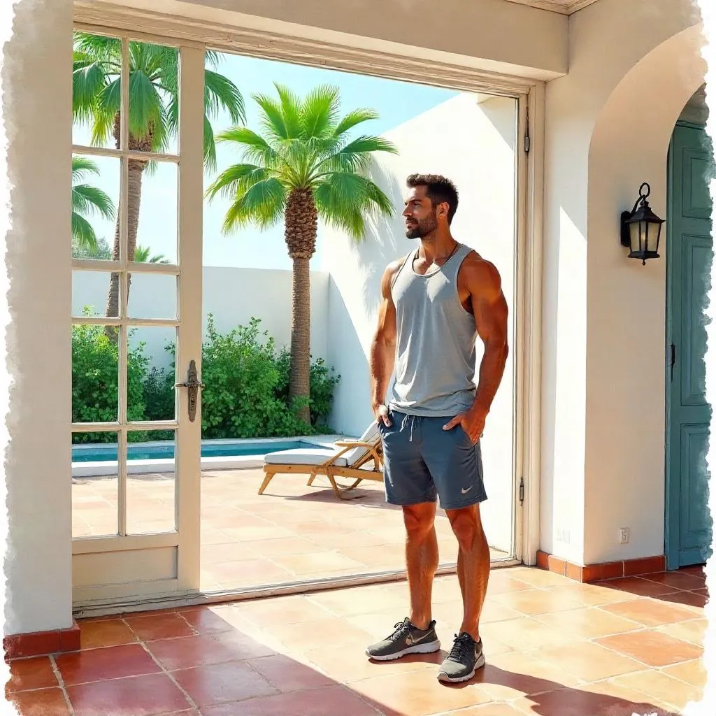 Watercolor: Athletic Caucasian Man in a Sunlit Villa