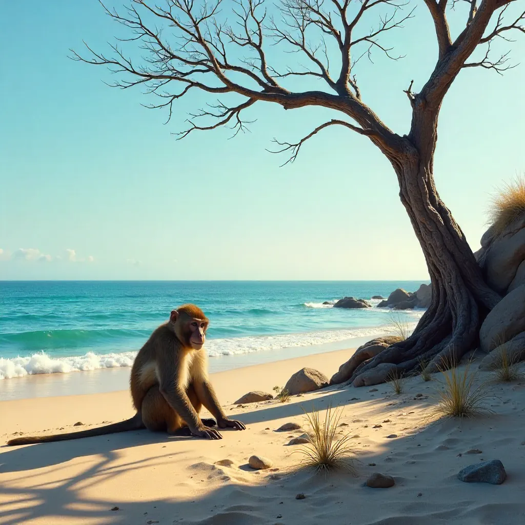 Tranquil Monkey by the Ocean Under Bare Tree