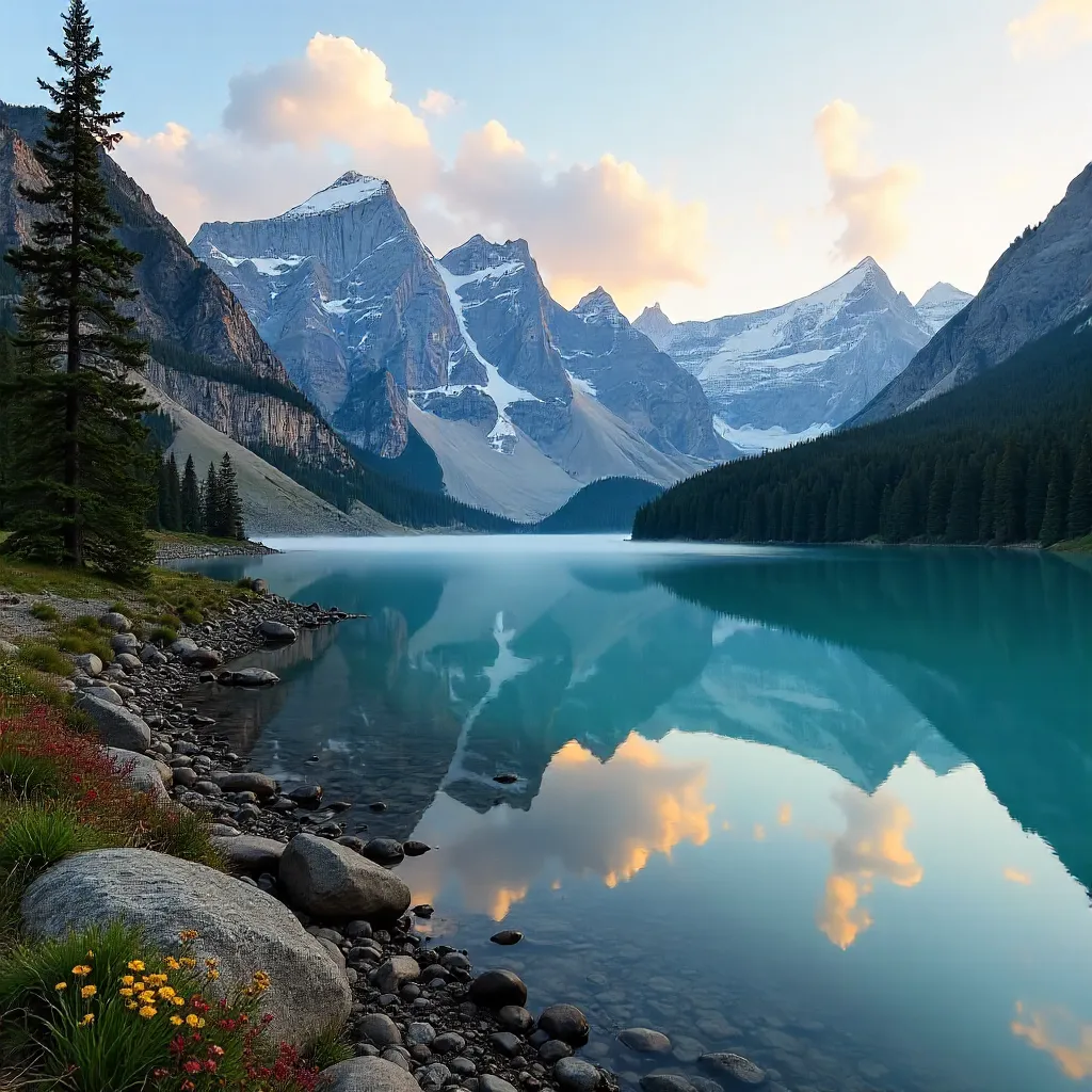 Dawn at Glacier: Tranquil Mountain Lake Scene