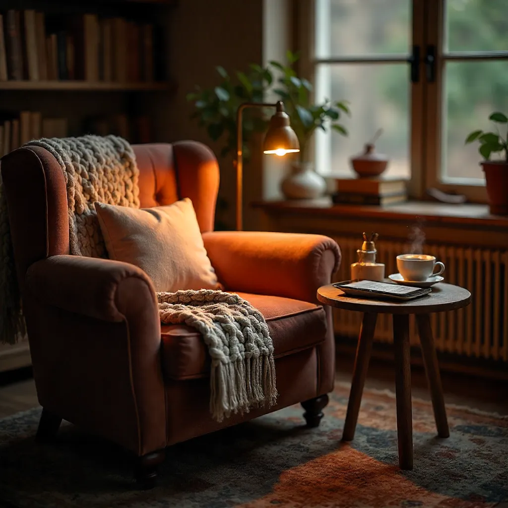 Cozy Reading Nook with Coffee, Tablet, and Soft Lighting