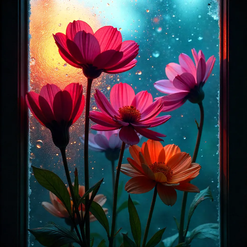Vibrant Blooms Behind Frosted Glass