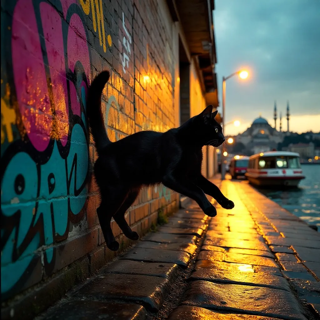 Black Cat Silhouette Leaps on Istanbul Graffiti Wall