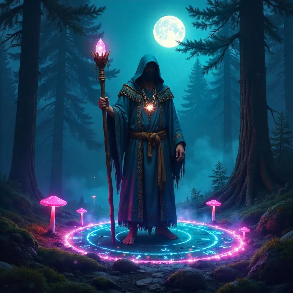 Shaman in a Ring of Glowing Mushrooms