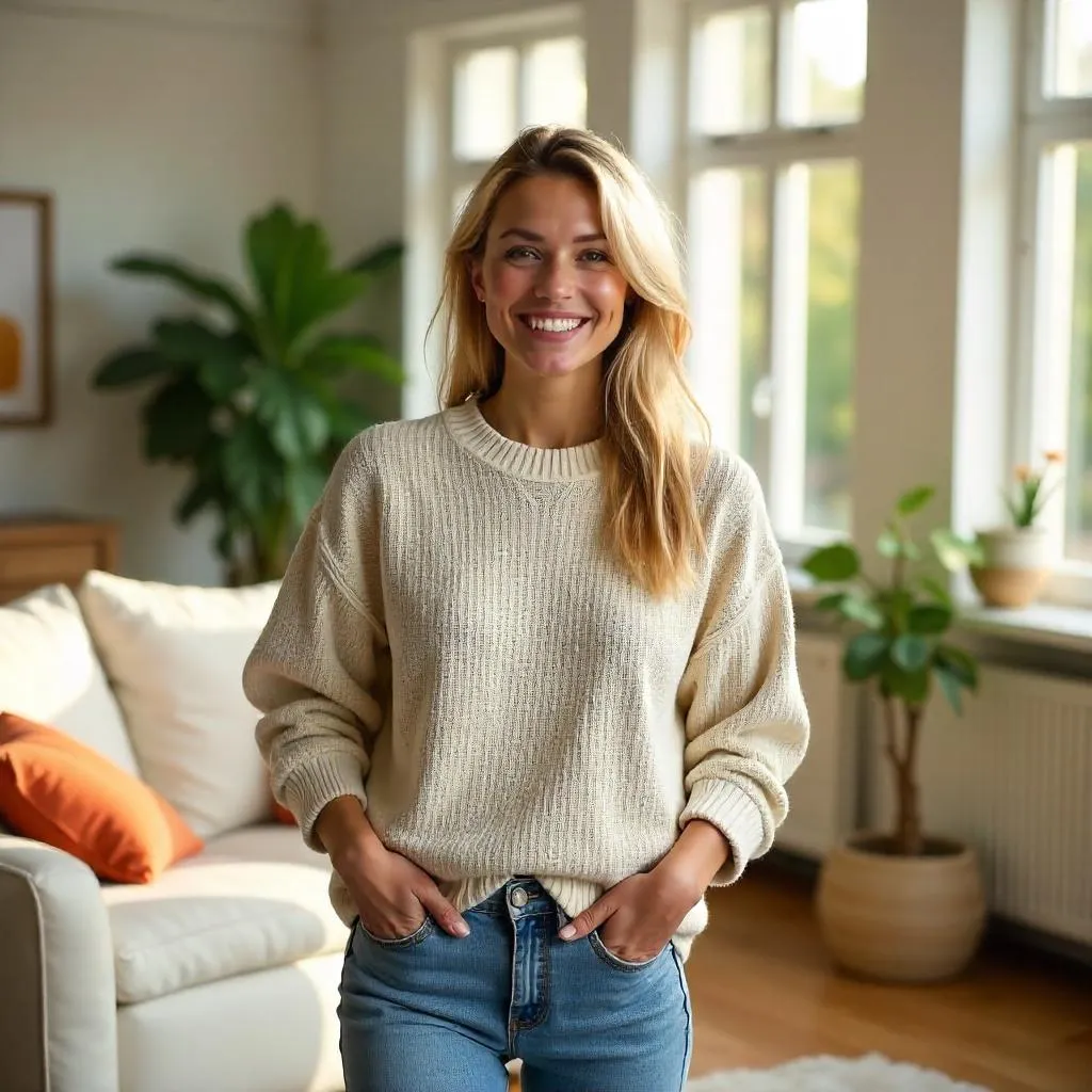Cheerful White Woman in a Modern Living Room