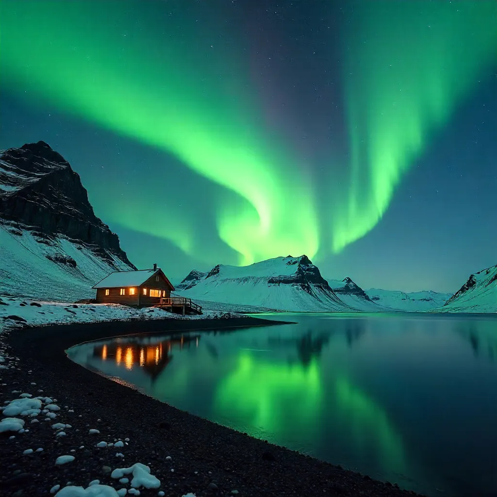 Emerald Aurora Over Iceland Night Sky