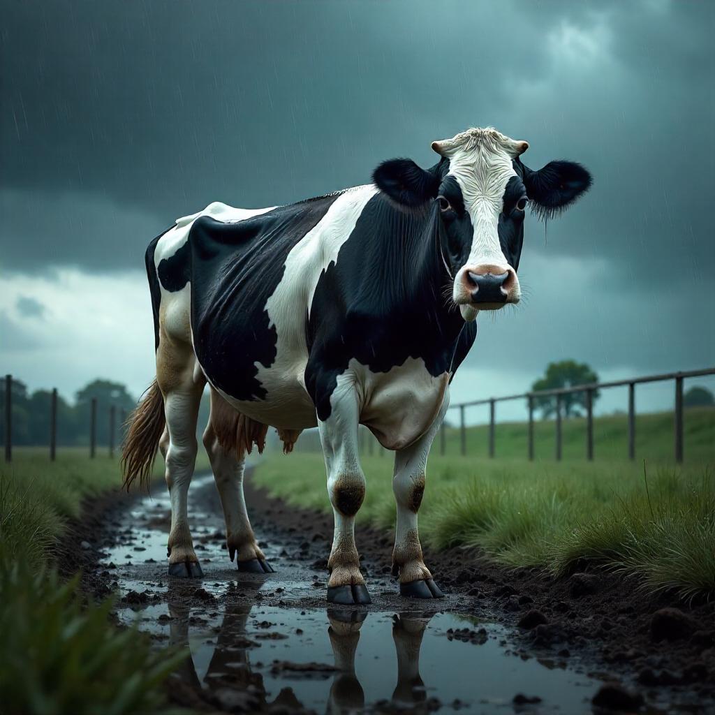 Photorealistic Cow in a Heavy Rainstorm