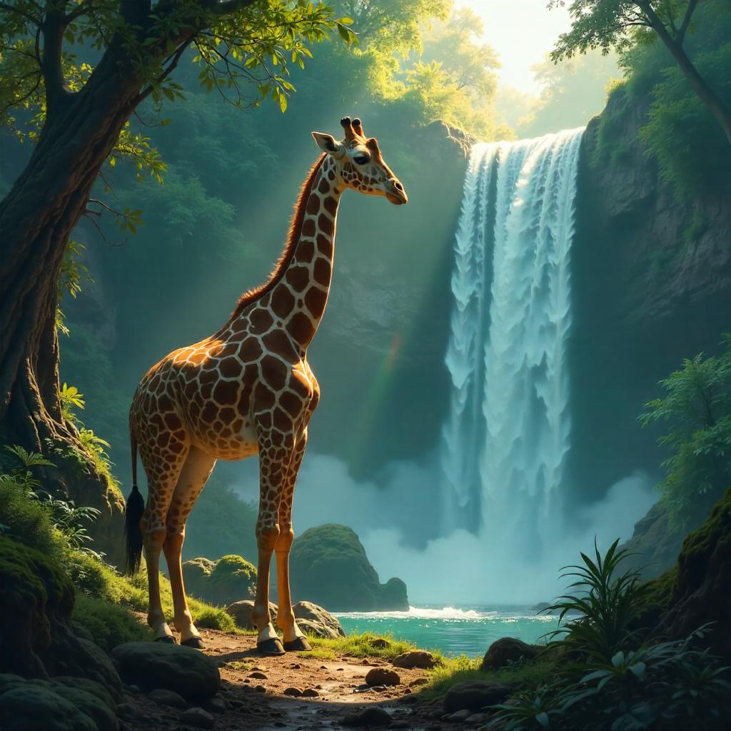 Giraffe Concept Art by a Waterfall