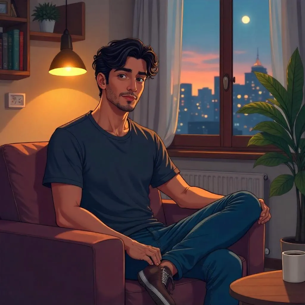 Cozy Home Anime Portrait: Young Middle Eastern Man