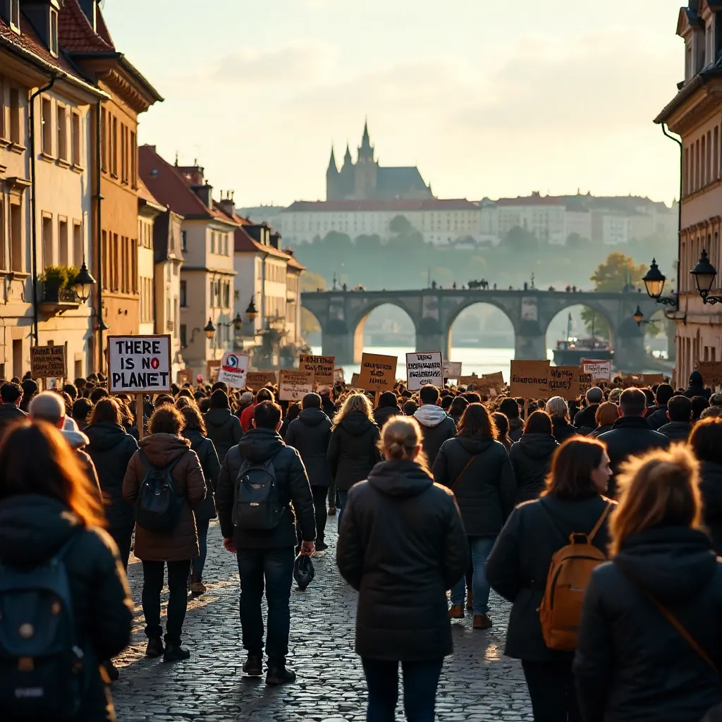 Prague Climate Protest with Save the Planet Signs