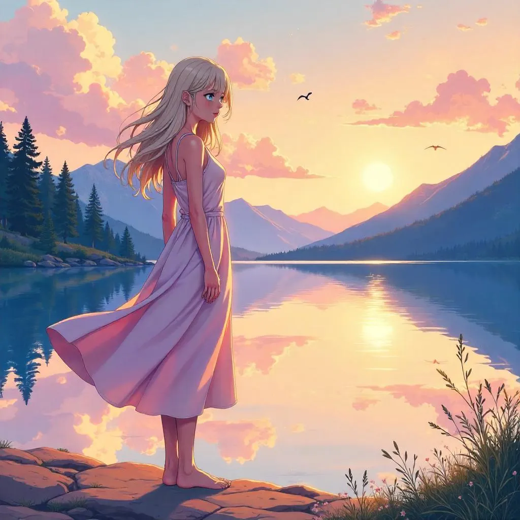 Anime-style adult woman by a tranquil lakeside