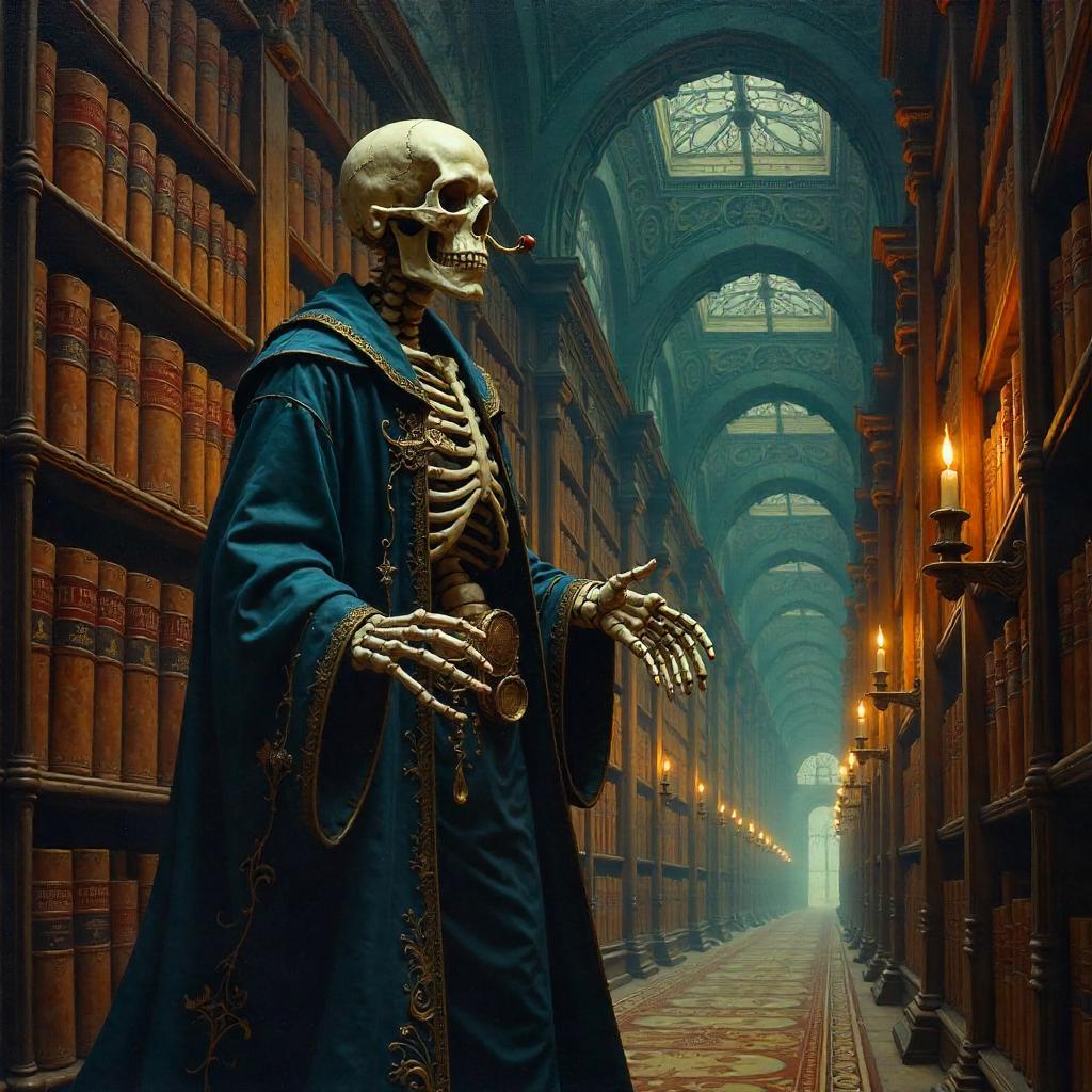 Skeleton Librarian in a Magical Library